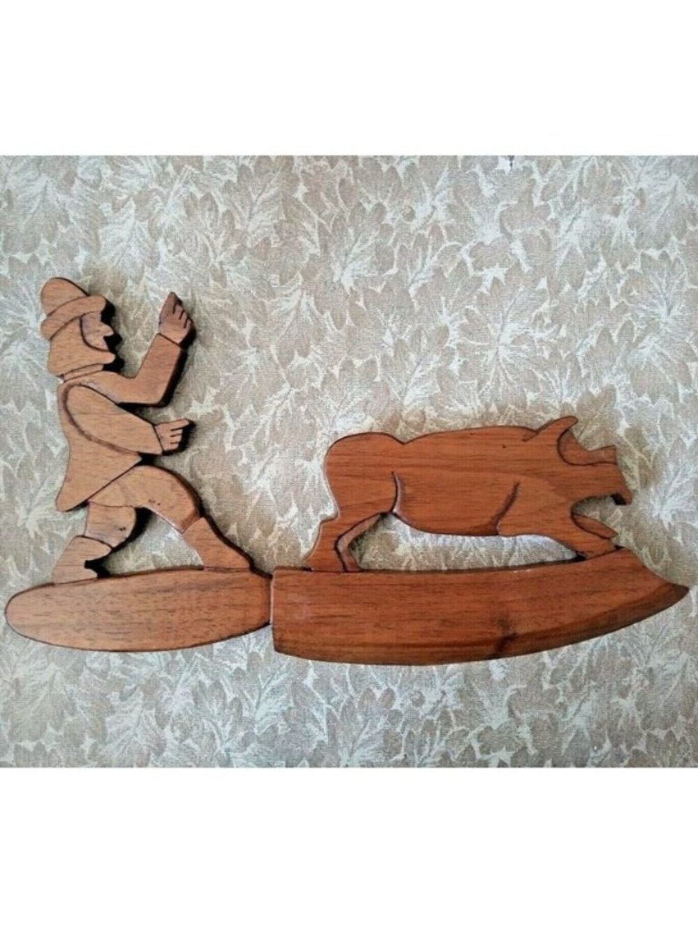 VTG folk art Wood Carving Man & Boar Hog Pig Ox plaque brown 12" Tillage scene